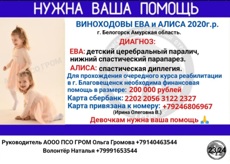 Маленьким близняшкам из Белогорска срочно требуются деньги на реабилитацию 